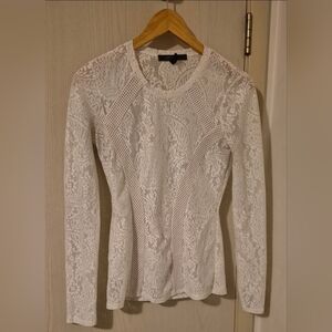 BCBGMAXAZRIA White Lace Mesh Panel Long Sleeve Top (XXS)